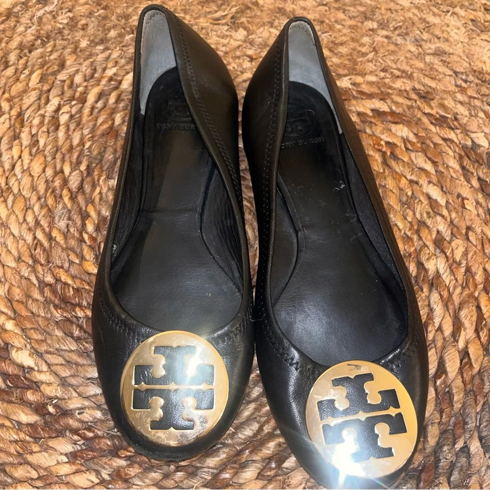 Tory Burch Black Leather Reva Logo Ballet Flats